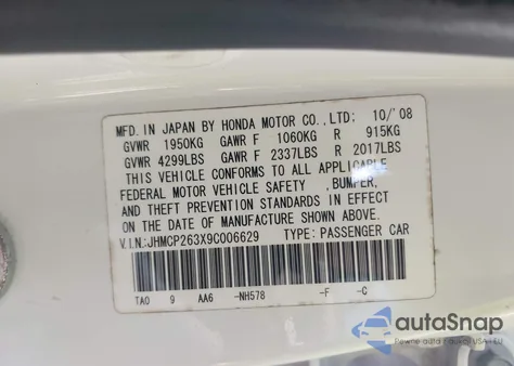 2009 Honda Accord 2.4 Lx from USA, damaged, VIN JHMCP263X9C006629